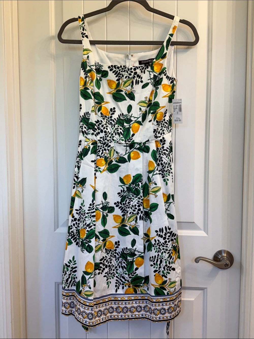 dressbarn White Lemon-Print Midi Dress with Yellow & Green
